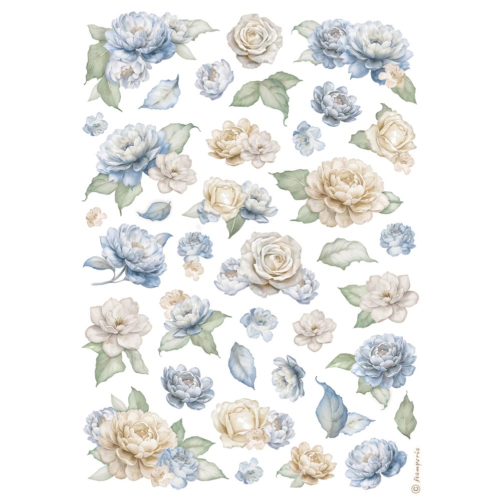 Papel de arroz fto A4 Rosas y flores azules atemporales